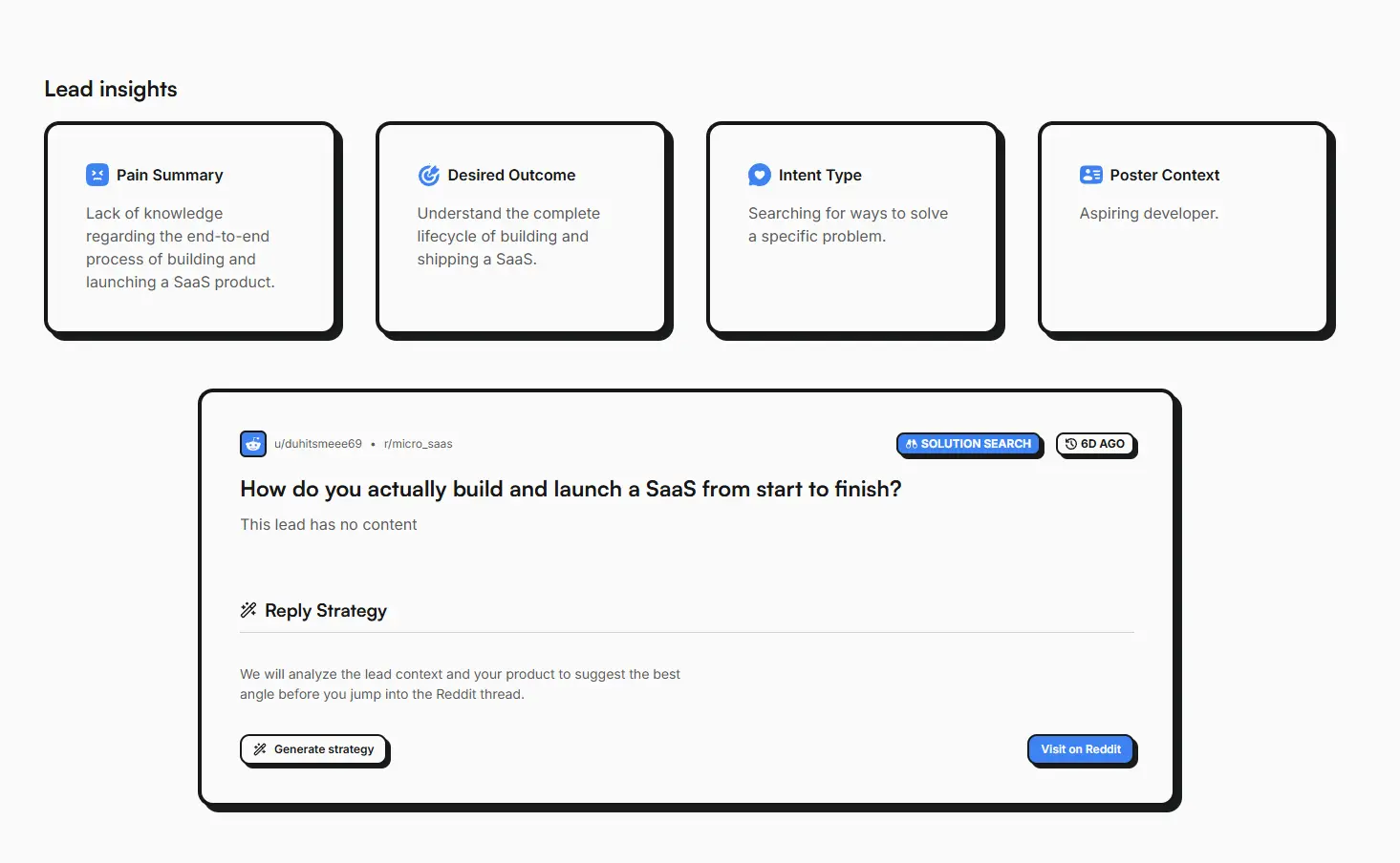 ReddMatch lead context showing intent type, pain summary, desired outcome, poster context, and reply strategy guidance.
